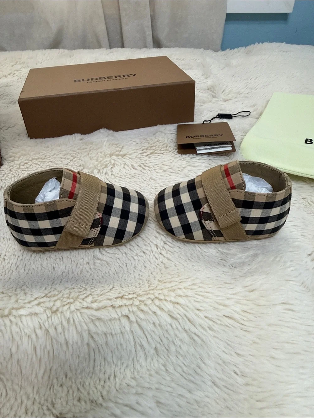 Burberry Beige Black Check Baby Walker Shoes with Tan Strap